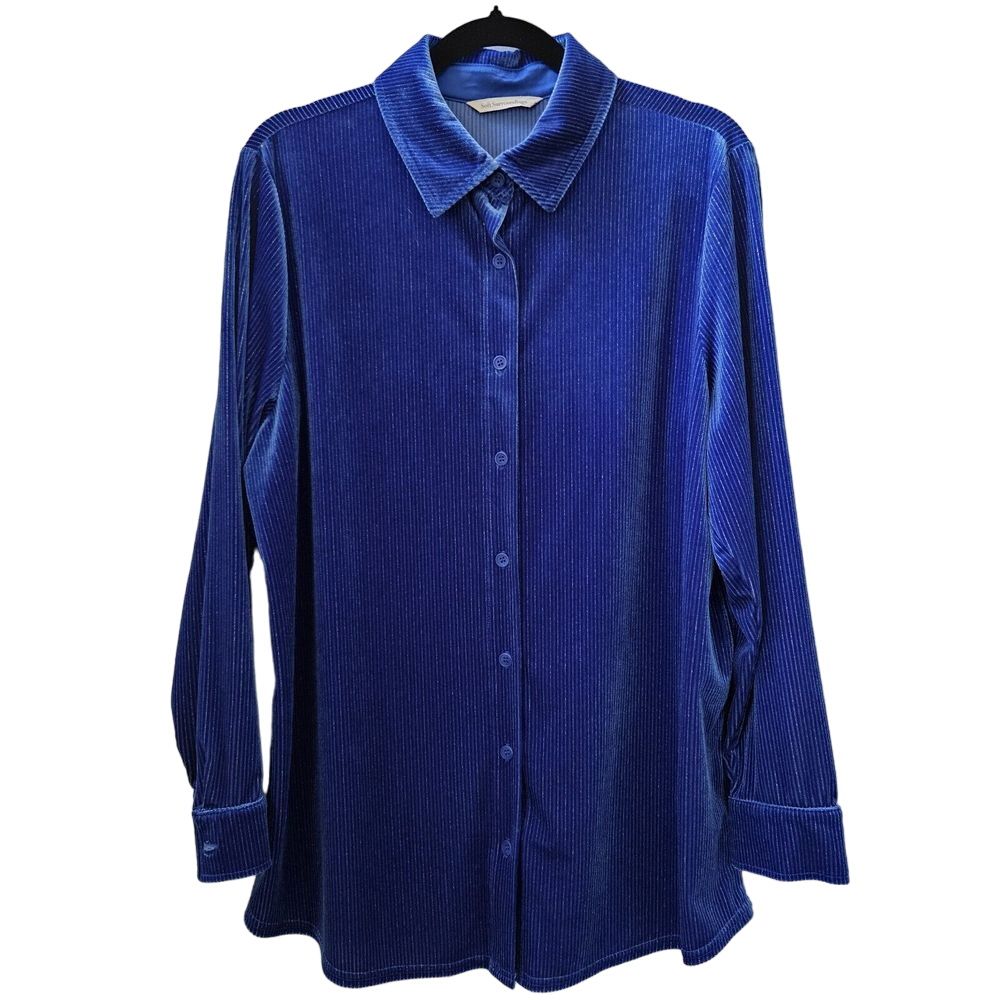 Soft Surroundings L Velvet Textured Boyfriend Tunic Button Up Poets Shirt Blue